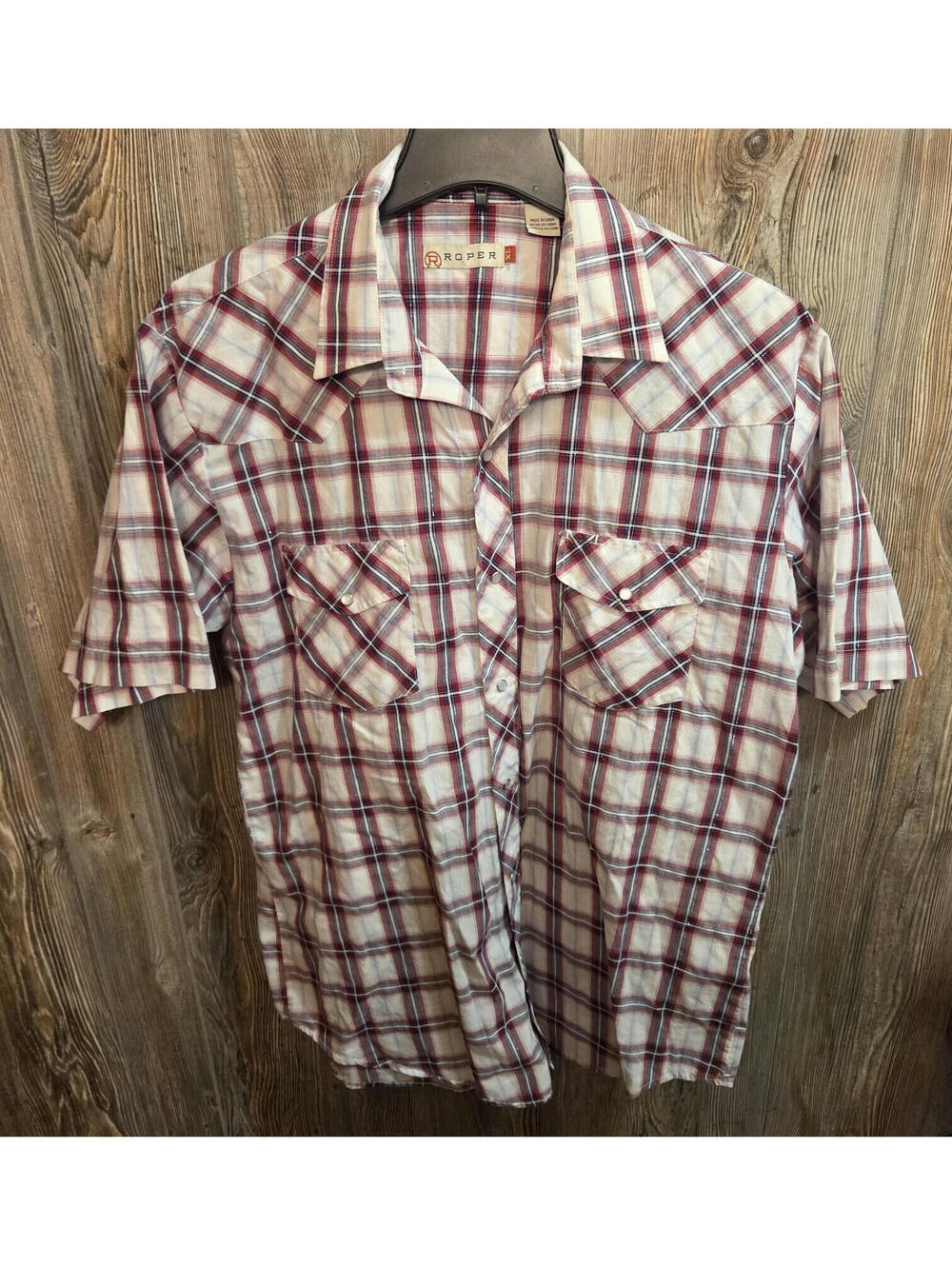 Roper Western Pearl Snap Shirt Short Sleeve Men XL White Red Plaid Silver Thread